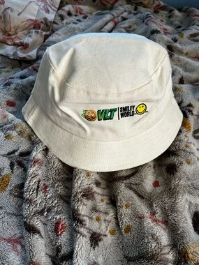 White Embroidered Bucket Hat with VLT Smiley Logo